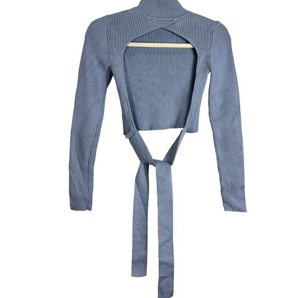 2/$30 Zara Blue Backless Mock Neck Knit Sweater Wrap Around Tie Size Small - Picture 11 of 14